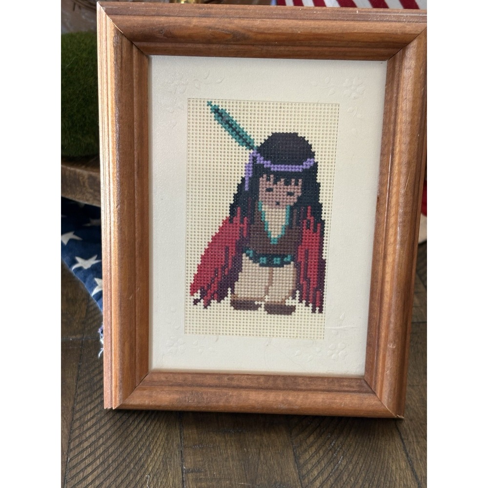 5 x7 Framed CrossStitch Needlepoint Native American Child‎ Ethnic Wood Frame VTG
